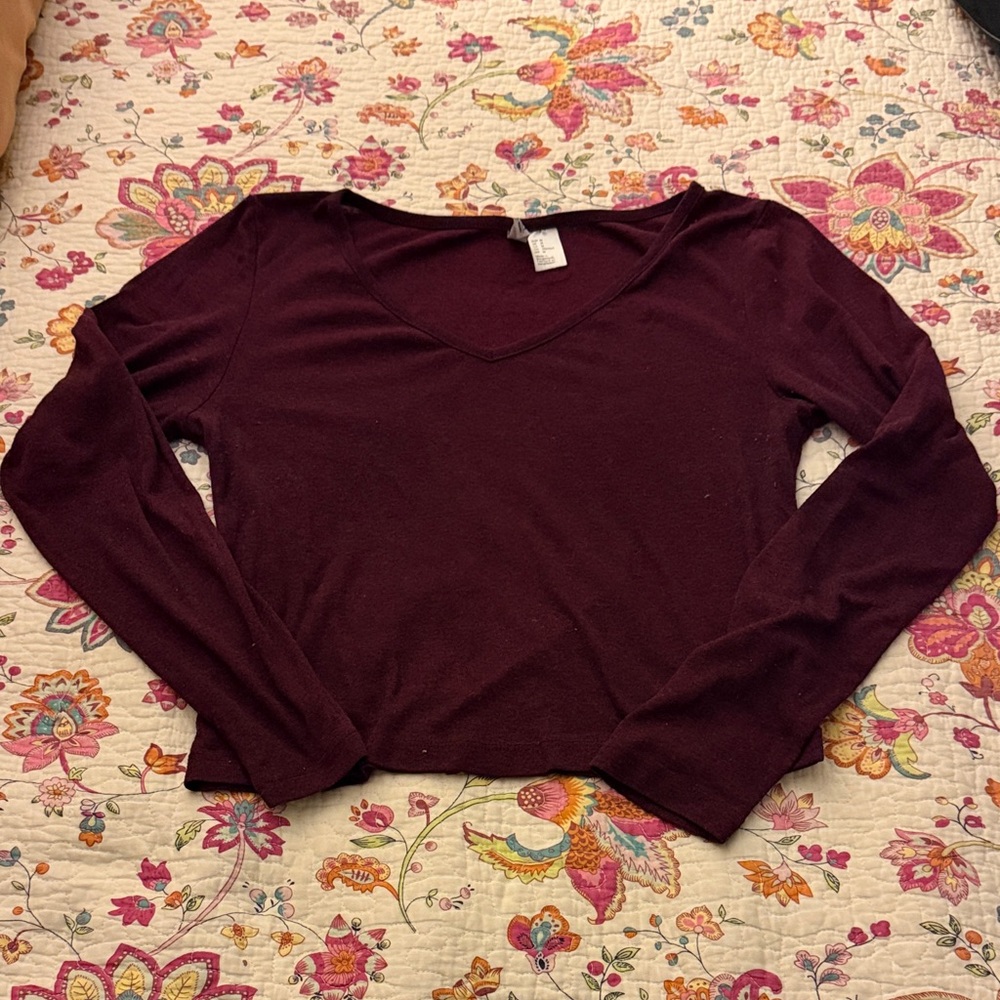 H&M Deep Burgundy Long Sleeve V-Neck Top